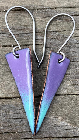 Purple &amp; Teal Enamel, Mini Triangle Earrings, Small Drop Dangle Earrings, Handmade Modern Enamel Jewelry, Recycled Copper, Titanium