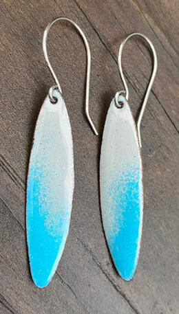 Turquoise Gray Enamel, Aqua Long Drop Earrings, Minimal Abstract Dangles, Handmade Modern Enamel Jewelry, Recycled Copper, Titanium