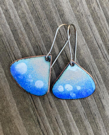 Teardrop Minimal Dangle Earrings, Blue & White Enamel, Slow Fashion, Handmade Modern Enamel Jewelry, Recycled Copper, Titanium Ear Wire