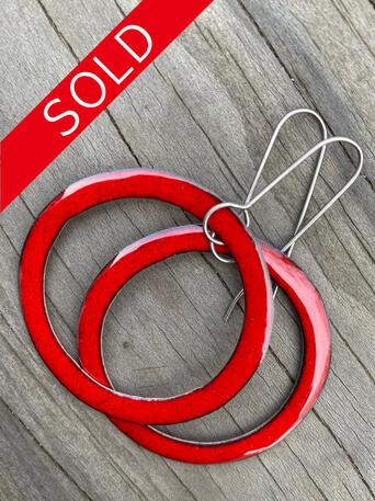Big Red Enamel Hoop Earrings, Retro Modern Dangle Hoops, Valentins Day, Handmade Minimal Enamel Jewelry, Recycled Copper, Titanium Ear Wire