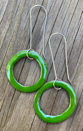 Deep Green Enamel Mini Hoop Earrings, Small Retro Modern Dangle Hoops, Handmade Minimal Enamel Jewelry, Recycled Copper, Titanium Ear Wire