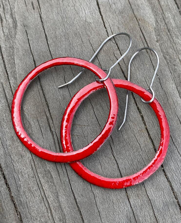 Red Enamel Dangle Hoop Earrings, Slim Hoops, Flame Red, Handmade Modern Enamel Jewelry, Recycled Copper, Titanium