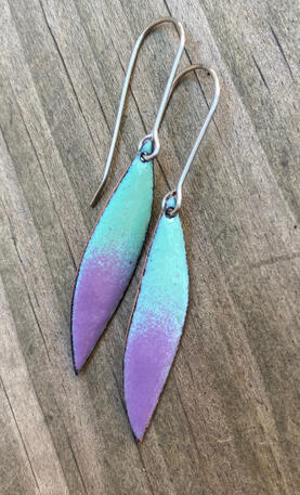 Teal & Violet Enamel Dangle Earrings, Handmade Modern Enamel Jewelry, Purple Aqua Drops, Recycled Copper, Titanium Ear Wired