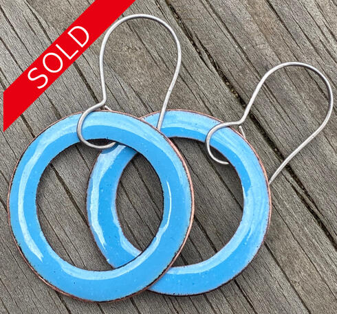 Light Blue Enamel, Mini Hoop Earrings, Small Retro Modern Dangle Hoops, Handmade Minimal Enamel Jewelry, Recycled Copper, Titanium Ear Wire