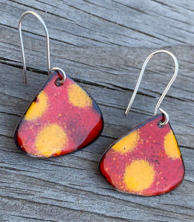 Red & Orange Enamel, Teardrop Earrings, Small Abstract Ladybug, Polkadot Dangles, Handmade Modern Enamel Jewelry, Recycled Copper