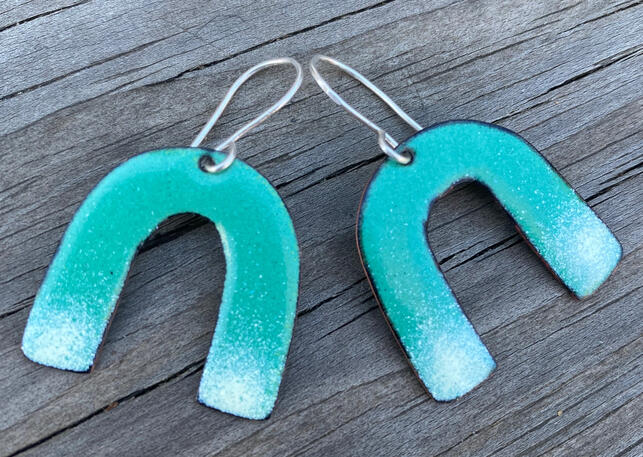 Green & White Enamel, Modern Arch Dangle Earrings, Small Abstract, Minimal Drop Earrings, Handmade Modern Enamel Jewelry, Recycled Copper