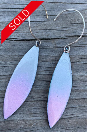 Minimal Pink Gray Enamel, Long Drop Dangle Earrings, Abstract Leaf Shape, Handmade Modern Enamel Jewelry, Recycled Copper, Titanium