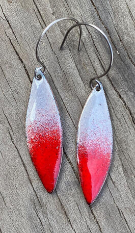 Red &amp; Gray Enamel Leaf Shape Earrings, Abstract Long Dangles, Minimal Dusty Rose, Handmade Modern Enamel Jewelry, Recycled Copper, Titanium