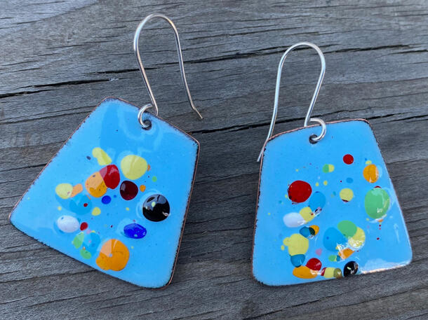 Blue & Confetti Enamel Earrings, Modern Contemporary, Unique Playful Abstract Dangles, Handmade Minimal Enamel Jewelry, Recycled Copper