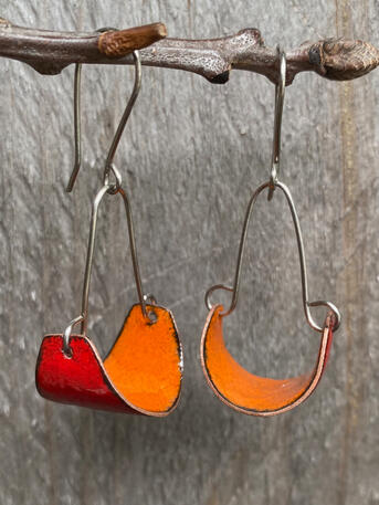 Red &amp; Orange Enamel Mini Swing Earrings, Small Abstract Swoop Dangles, Handmade Modern Enamel Jewelry, Recycled Copper, Titanium Ear Wire