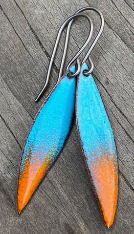 Turquoise &amp; Orange Enamel Earrings, Handmade Modern Enamel Jewelry, Mini Drop Dangle Earrings, Recycled Copper, Titanium Ear Wire
