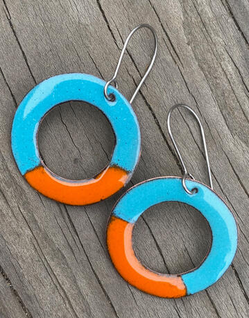 Turquoise & Orange Enamel Hoop Earrings, Modern Retro Hoop Dangles, Handmade Minimal Enamel Jewelry, Recycled Copper, Titanium Ear Wire