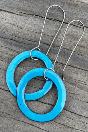 Mini Hoop Turquoise Enamel Earrings, Minimal Aqua Dangle Hoops, Handmade Modern Enamel Jewelry, Recycled Copper, Titanium Ear Wire