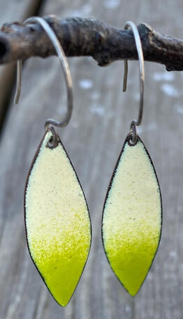 Lime Green &amp; White Enamel, Long Dangle Earrings, Abstract, Minimal Leaf Shape, Citrus, Handmade, Modern Enamel Jewelry, Recycled Copper