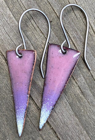 Purple Enamel Drop Earrings, Mini Triangle Earrings, Handmade Modern Enamel Jewelry, Recycled Copper, Titianium Ear Wire