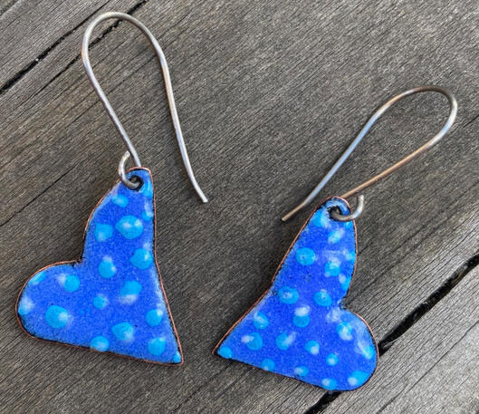 Blue Enamel Mini Heart Earrings, Handmade Modern Enamel Jewelry, Small Polkadot Heart Dangles, Recycled Copper, Titanium Ear Wire