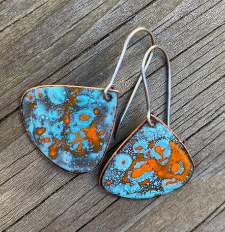 Teardrop Earrings, Turquoise &amp; Orange Crackle Enamel, Small Drop Dangles, Handmade Modern Enamel Jewelry, Recycled Copper, Titanium Ear Wire