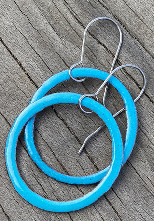 Turquoise Enamel, Dangle Hoop Earrings, Elegant Slim Hoops, Handmade Modern Enamel Jewelry, Recycled Copper, Titanium Ear Wire