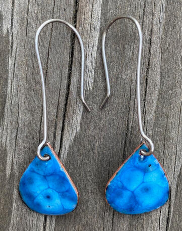 Blue Mini Teardrop Earrings, Crackle Enamel Earrings, Handmade Modern Enamel Jewelry, Recycled Copper, Titanium Ear Wire