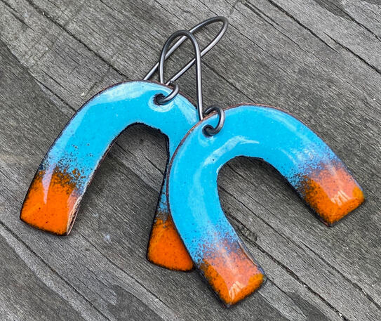 Turquoise &amp; Orange Enamel Arch Earrings, Handmade Modern Enamel Jewelry, Small Dangle Earrings, Recycled Copper, Titanium Ear Wire