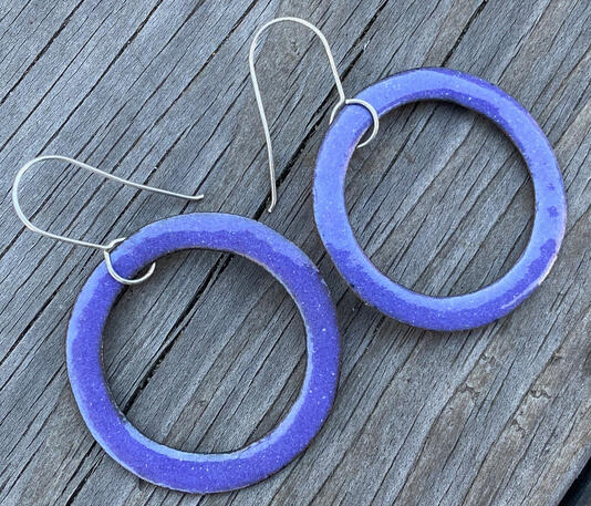 Purple Enamel, Hoop Dangle Earrings, Minimal Hoops, Mauve, Handmade Modern Enamel Jewelry, Recycled Copper