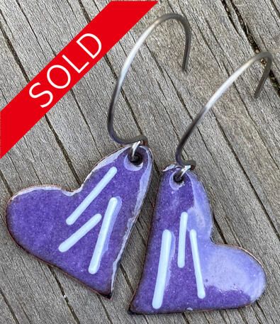 Purple Enamel, Mini Heart Earrings, Small Sweetheart Dangles, Valentines Day, Handmade Modern Enamel Jewelry, Recycled Copper, Titanium