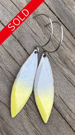 Abstract Leaf Shape Dangle Earrings, Yellow & Gray Enamel, Minimalist Long Lemon Drop, Handmade Modern Enamel Jewelry, Recycled Copper