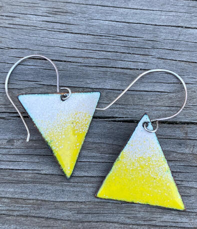 Yellow & White Enamel Asymmetrical Triangle Earrings, Minimal Small Lemon Abstract Dangles, Handmade Modern Enamel Jewelry, Recycled Copper