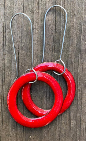 Red Enamel Mini Hoop Earrings, Small Retro Modern Dangle Hoops, Handmade Minimal Enamel Jewelry, Recycled Copper, Titanium Ear Wire
