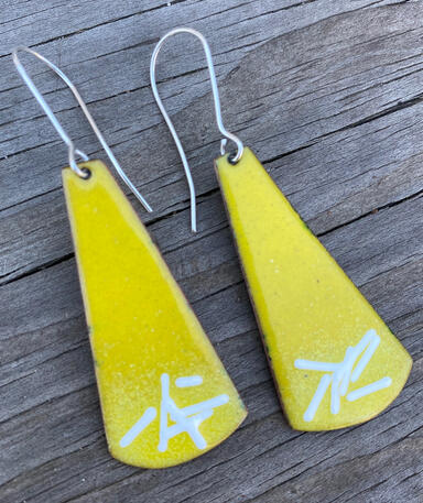 Long Teardrop Yellow White Enamel Earrings, Minimal Abstract Dangles, Handmade Modern Enamel Jewelry, Lemon Drop, Recycled Copper, Titanium
