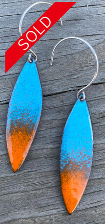 Turquoise &amp; Orange Enamel Leaf Shape Earrings, Bright Colorful Abstract Drop Dangles, Handmade Modern Enamel Jewelry, Recycled Copper