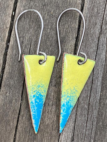 Yellow &amp; Blue Enamel Mini Triangle Earrings, Handmade Modern Enamel Jewelry, Small Drop Earrings, Recycled Copper, Titanium Ear Wire