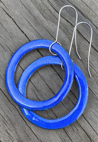 Blue Hoop Earrings, Royal Blue Enamel, Dangle Hoops, Handmade Modern Enamel Jewelry, Recycled Copper, Titanium