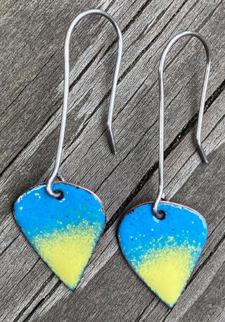 Blue & Yellow Enamel, Mini Teardrop Earrings, Slow Fashion, Handmade Modern Enamel Jewelry, Recycled Copper, Titanium Ear Wire