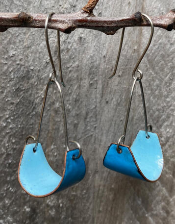 Blue Enamel Mini Swing Earrings, Small Abstract Swoop Dangles, Handmade Modern Enamel Jewelry, Recycled Copper, Titanium Ear Wire