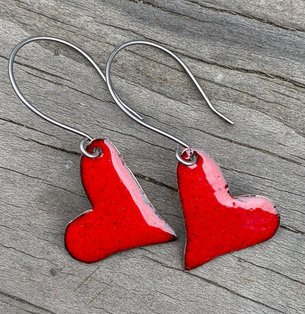 Red Enamel Mini Heart Earrings, Small Sweetheart Dangles, Valentines Day, Handmade Modern Enamel Jewelry, Recycled Copper, Titanium Ear Wire