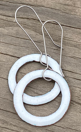 Simple White Enamel Mini Hoop Earrings, Retro Modern Small Dangle Hoops, Handmade Minimal Enamel Jewelry, Recycled Copper, Niobium EarWire