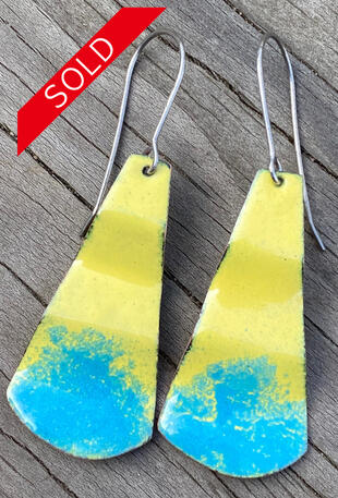 Yellow Turquoise Enamel, Long Teardrop Earrings, Minimal Abstract Wave Dangles, Handmade Modern Enamel Jewelry, Recycled Copper, Titanium