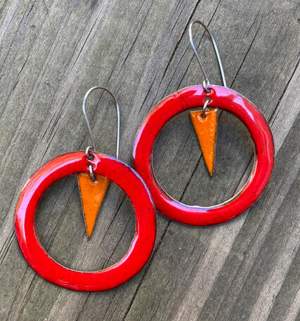 Handcrafted Red Orange Enamel Hoop Earrings, Recycled Copper, Titanium Ear Wire