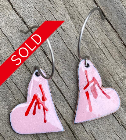 Pink Enamel Mini Heart Earrings, Small Sweetheart Dangles, Valentines Day, Handmade Modern Enamel Jewelry, Recycled Copper, Titanium Earwire