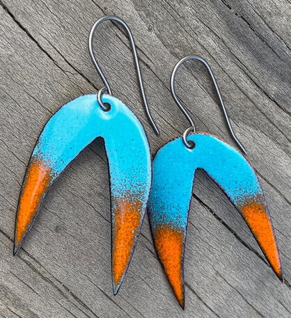 Turquoise & Orange Enamel Earrings, Minimal Arch Dangles, Handmade Modern Enamel Jewelry, Slow Fashion, Recycled Copper, Titanium Ear Wire