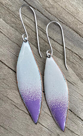 Purple & Gray Enamel Drop Earrings, Handmade Modern Enamel Jewelry, Abstract Leaf Shape Dangles, Recycled Copper, Titanium Ear Wire