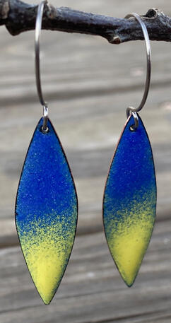 Royal Blue &amp; Yellow Enamel, Drop Dangle Earrings, Bright Abstract Leaf Shape, Handmade Modern Enamel Jewelry, Recycled Copper, Titanium