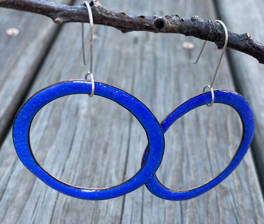 Modern Hoop Earrings, Royal Blue Enamel, Big Dangle Hoops, Handmade Modern Enamel Jewelry, Recycled Copper, Sterling Sliver