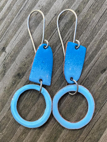 Aqua Blue Enamel Dangle Drop Hoop Earrings, Small Titanium Earrings, Handmade Modern Enamel Jewelry, Recycled Copper, Titanium Ear Wire