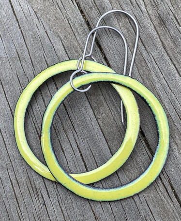 Yellow Enamel Hoop Earrings, Minimal Hoops, Dainty Lemon Dangles, Handmade Modern Enamel Jewelry, Recycled Copper, Titanium Ear Wire