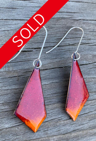 Red & Orange Enamel, Teardrop Dangle Earrings, Abstract, Flame Red, Statement Earrings, Handmade, Modern Enamel Jewelry, Recycled Copper