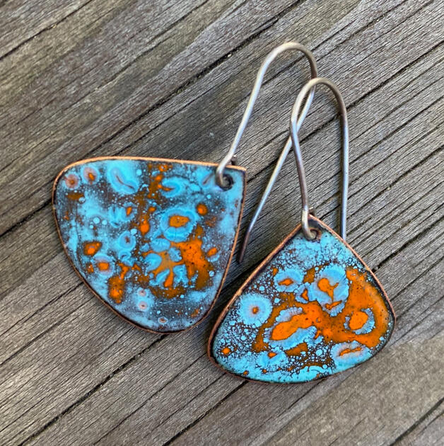 Teardrop Earrings, Turquoise & Orange Crackle Enamel, Small Drop Dangles, Handmade Modern Enamel Jewelry, Recycled Copper, Titanium Ear Wire