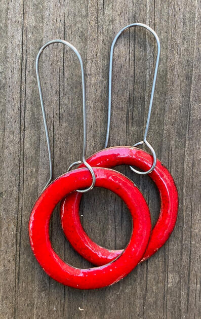 Red Enamel Hoop Earrings, Small Retro Modern Dangle Hoops, Handmade Minimal Enamel Jewelry, Recycled Copper, Titanium Ear Wire