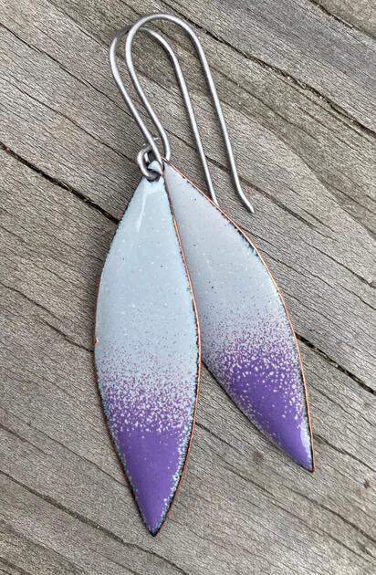 Purple &amp; Gray Enamel Drop Earrings, Handmade Modern Enamel Jewelry, Abstract Leaf Shape Dangles, Recycled Copper, Titanium Ear Wire